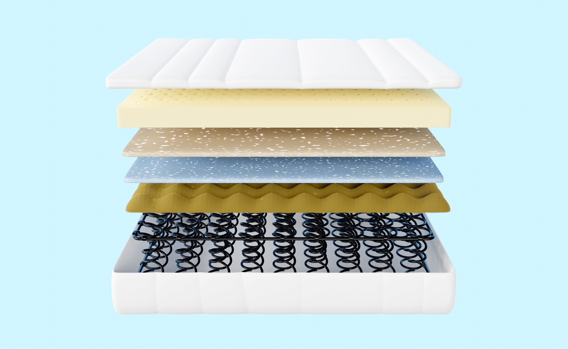 3d layered sheet material mattress structure with air fabric, coil spring, natural latex, memory foam, soft sponge isolated on blue background. 3d render illustration, clipping path