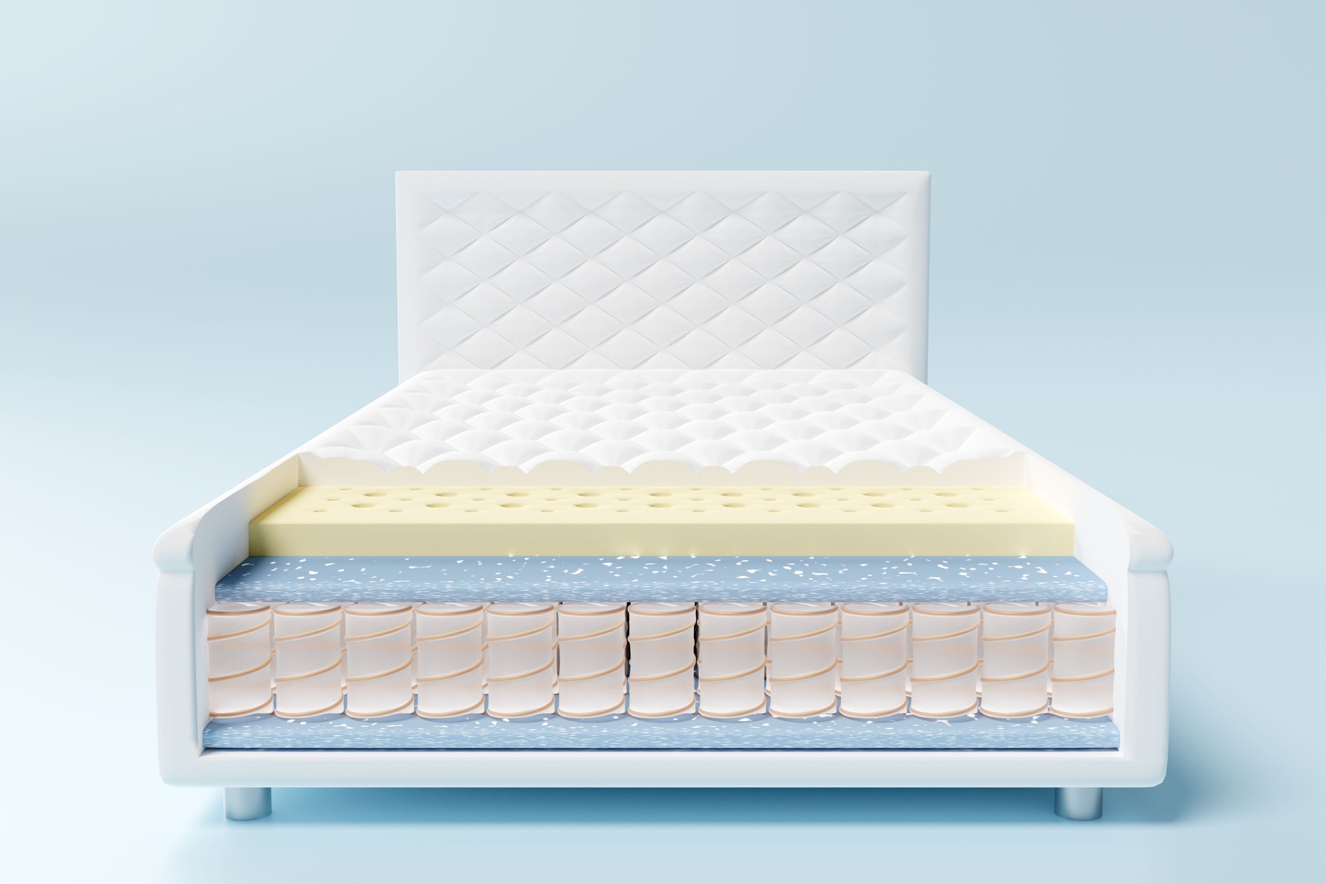 3d layered sheet material mattress with air fabric, pocket springs, natural latex, memory foam isolated on blue background. 3d render illustration, clipping path