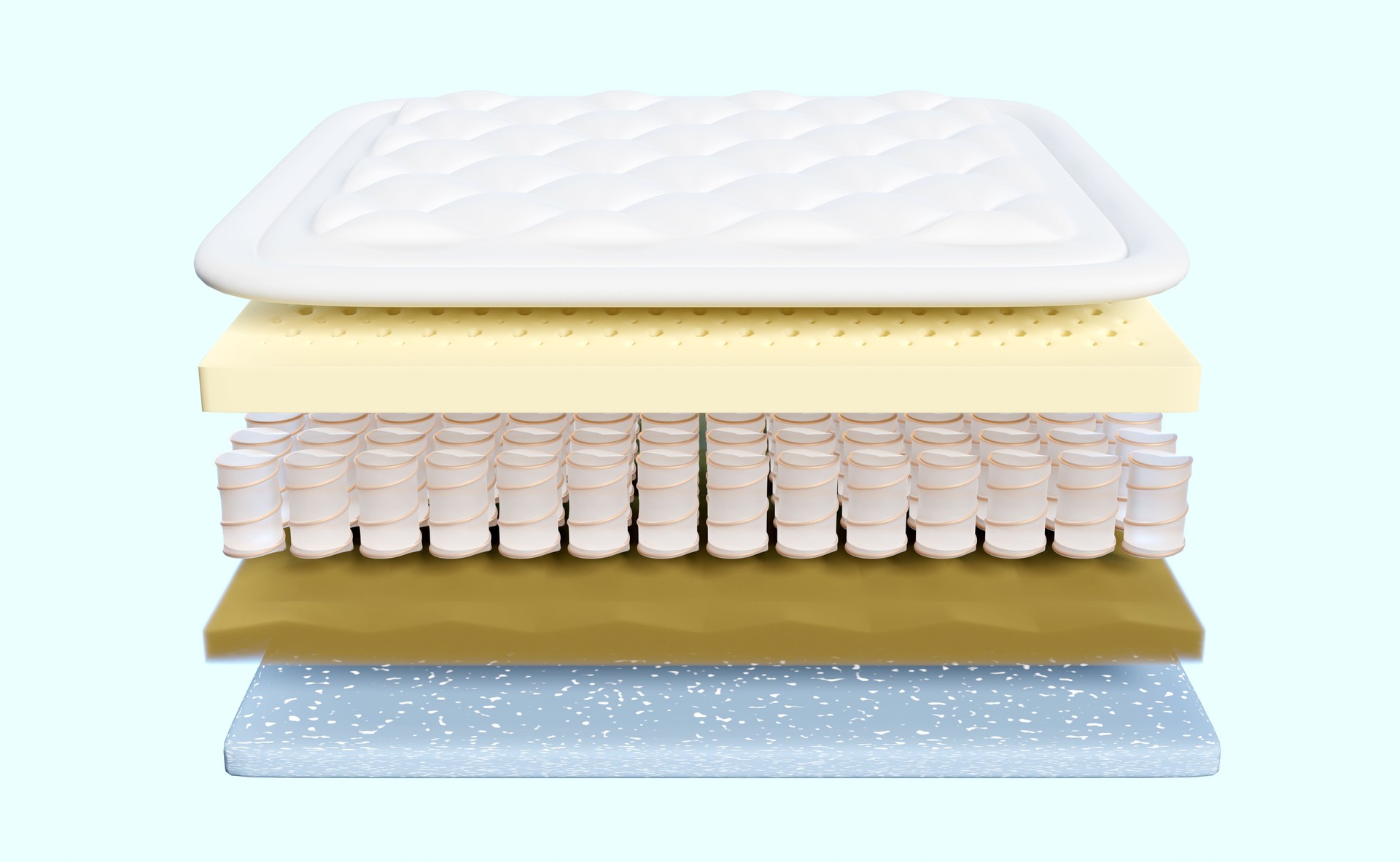 3d layered sheet material mattress with air fabric, pocket springs, natural latex, memory foam, soft sponge isolated on blue background. 3d render illustration, clipping path